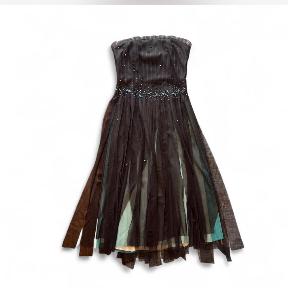 BCBGMaxAzria Brown and Blue Strapless Dress with Embellishments